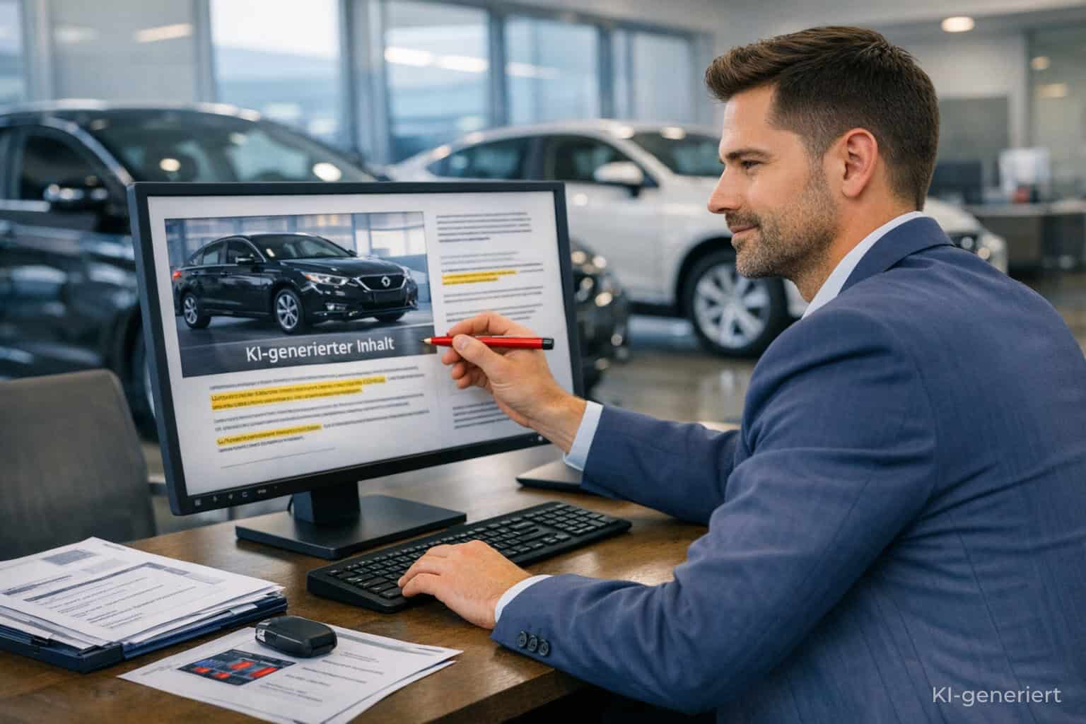 Ein Verkäufer im Autohaus markiert KI‑generierte Inhalte auf seinem Bildschirm – Symbol für die neue Transparenzpflicht ab dem 2. August.